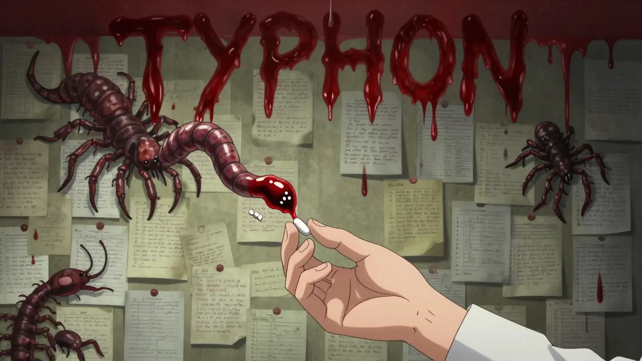 Pharmacien remettant une pilule qui se transforme en ver de sang, mur couvert de notes qui coulent.