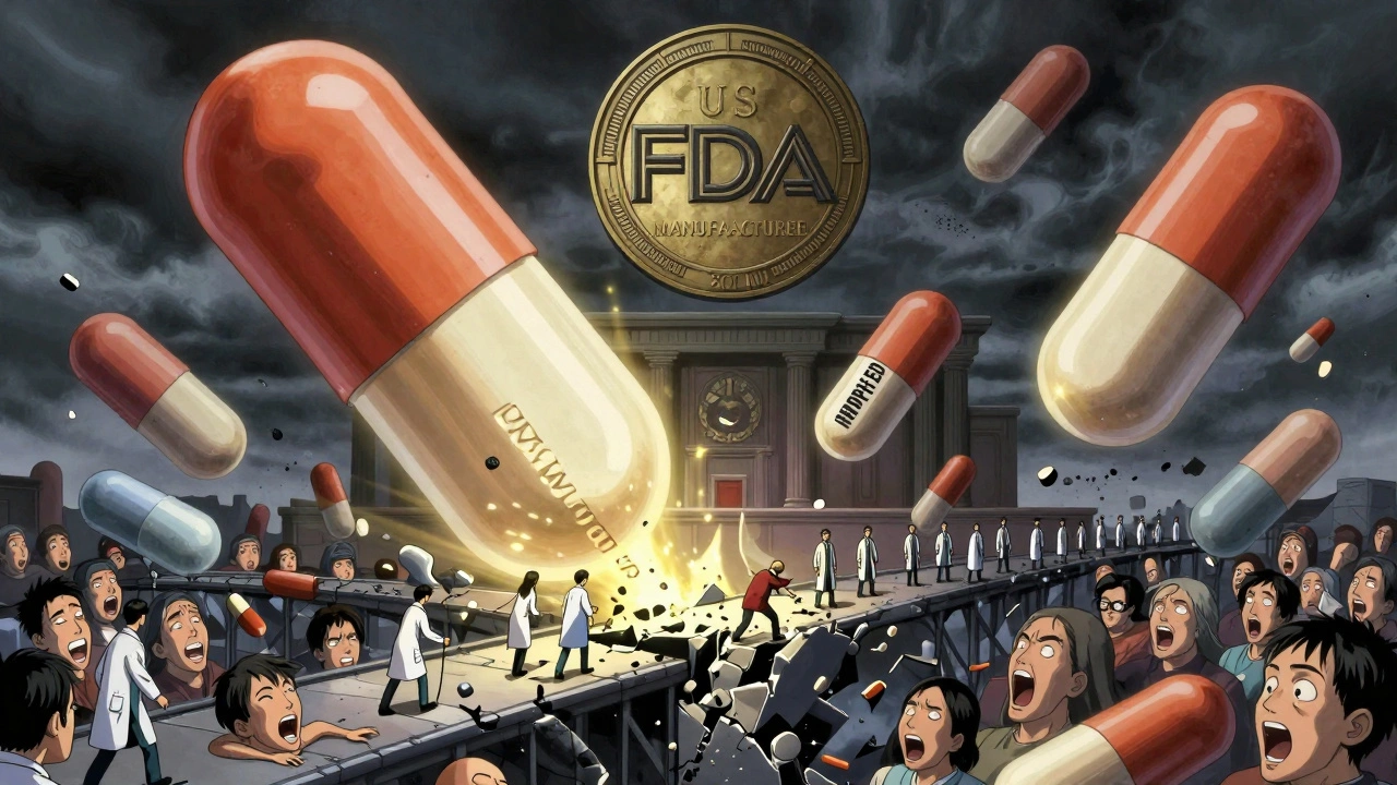 Pilules géantes flottant dans un ciel orageux, une seule brillante, d'autres en cendres, patients en bas cherchant à réparer une chaîne d'approvisionnement.