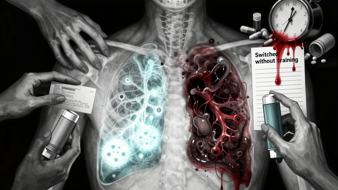 Poumons d&#039;un patient, l&#039;un sain, l&#039;autre envahi par une boue noire en forme d&#039;inhalateurs, une larme tombe sur un document médical.