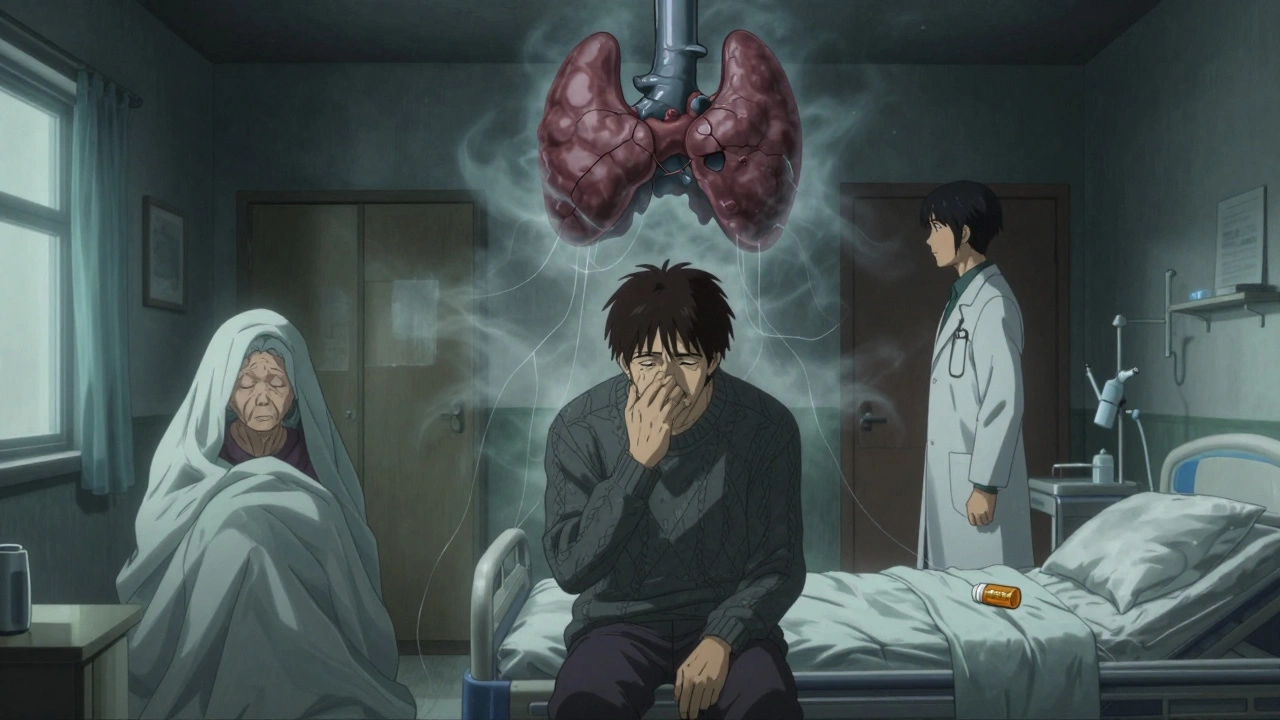 Trois patients oubliés dans des scènes isolées, reliés par des brumes gelées formant une glande thyroïde détruite.