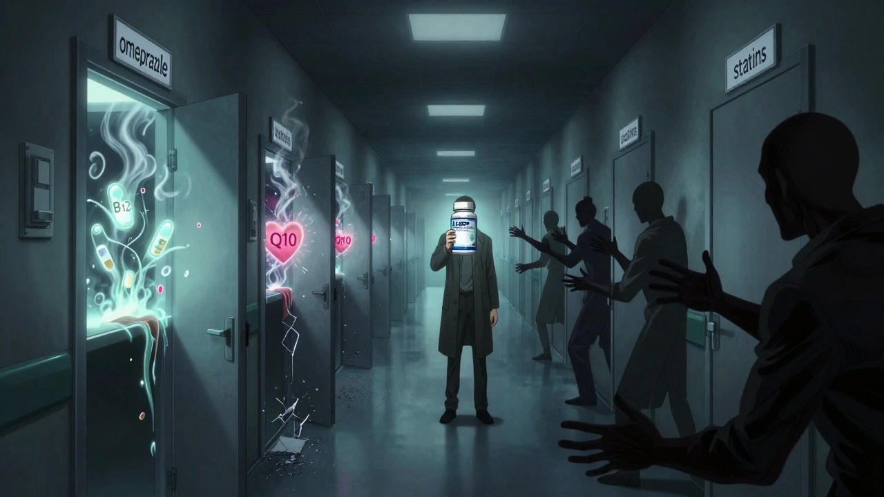 Un couloir infini où chaque médicament perd un nutriment essentiel, avec un pharmacien ombre offrant une solution.
