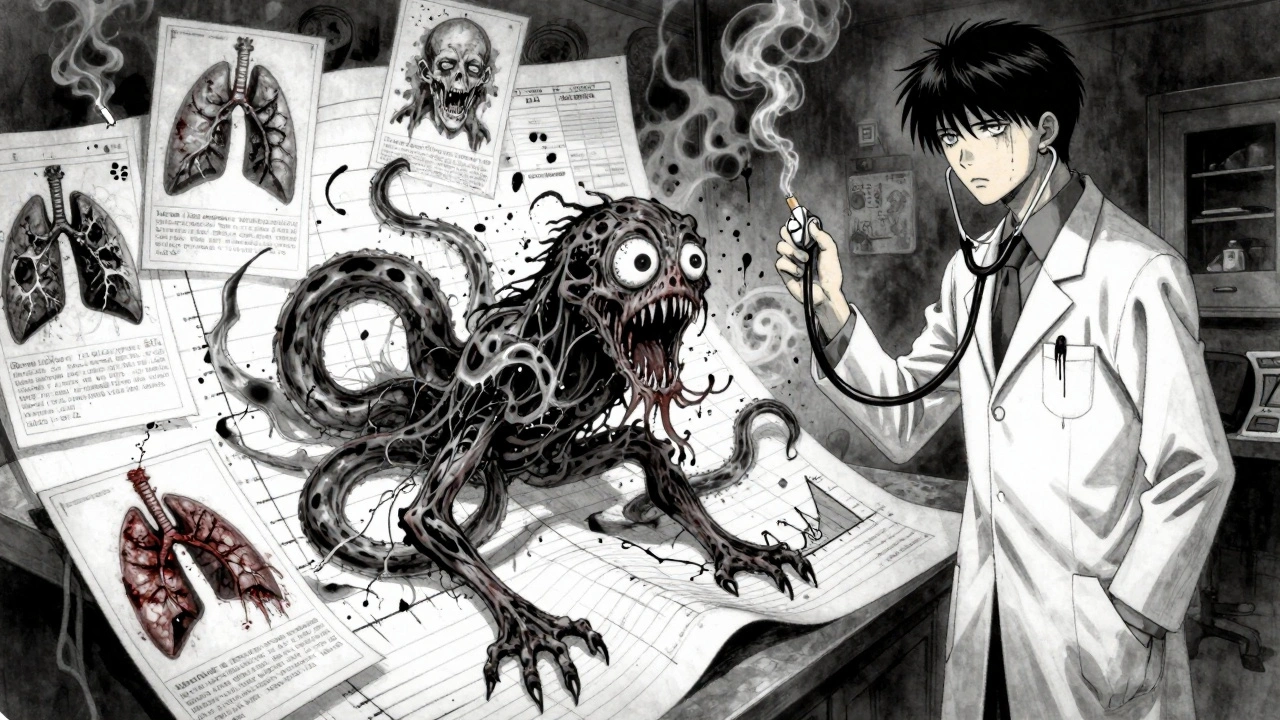 Un tableau médical vivant se transforme en créature serpentée, entouré d&#039;histoires de patients en décomposition.