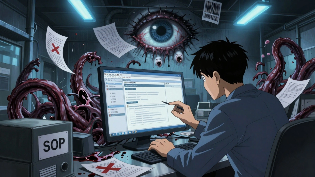 Un travailleur dont les mains se transforment en tentacules devant un système informatique en décomposition.