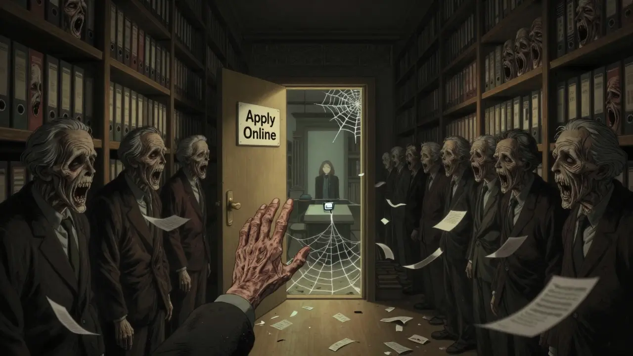 Une bibliothèque infinie de dossiers hurlants, avec une main tendue vers une porte lumineuse marquée 'Apply Online'.