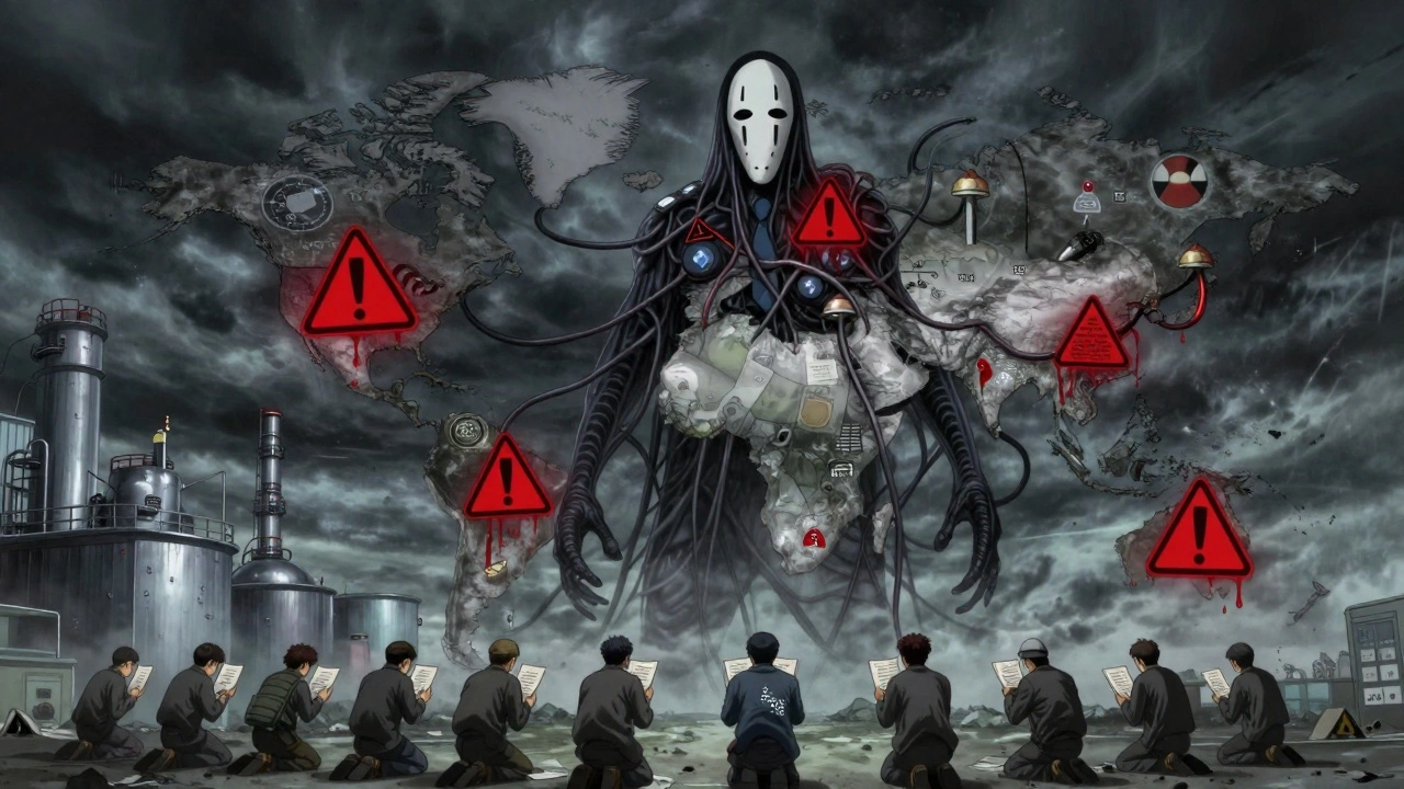 Une créature géante composée de données surveille des usines mondiales, tandis que des documents se transforment en cendres.