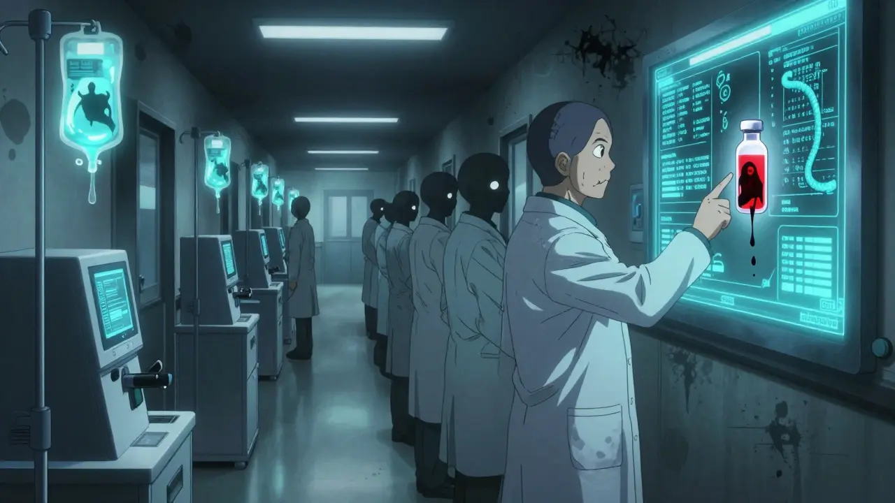Une équipe hospitalière face à un écran médical géant, des sacs d'IV qui gouttent des formes humaines terrifiantes.