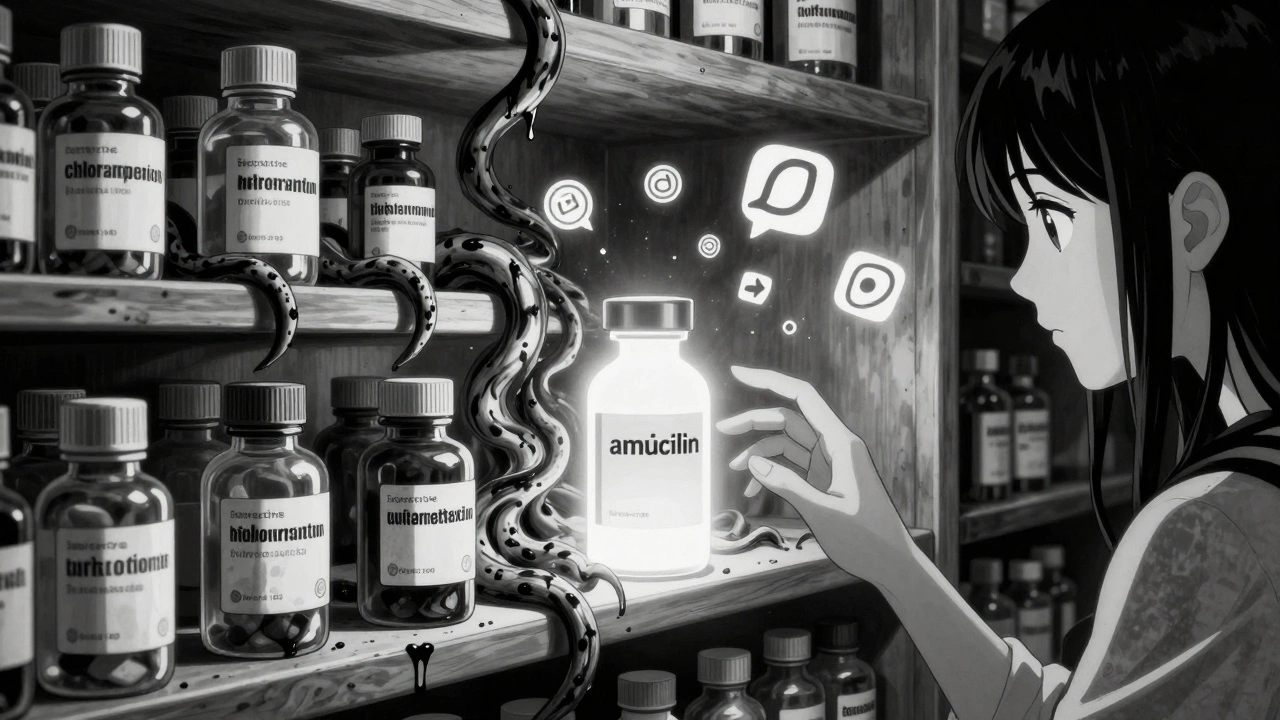 Une étagère de pharmacie où des antibiotiques dangereux se tordent comme des tentacules, tandis qu&#039;une seule bouteille lumineuse reste intacte.