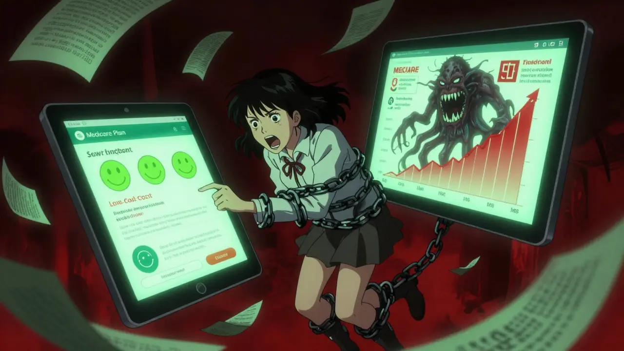 Une femme comparant deux plans Medicare sous forme de créatures surnaturelles.