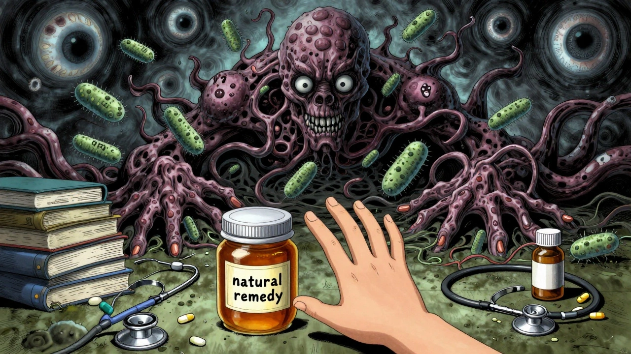 Une main d&#039;enfant tendue vers du miel tandis qu&#039;une marée de bactéries résistantes engloutit des objets médicaux.