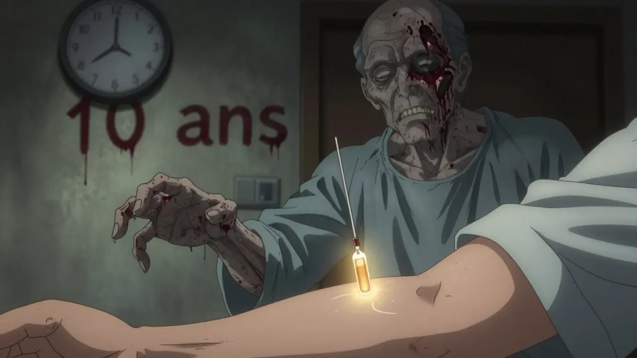 Aiguille dorée injectant de l'amoxicilline, derrière un patient fantôme décomposé par une mauvaise diagnostique.