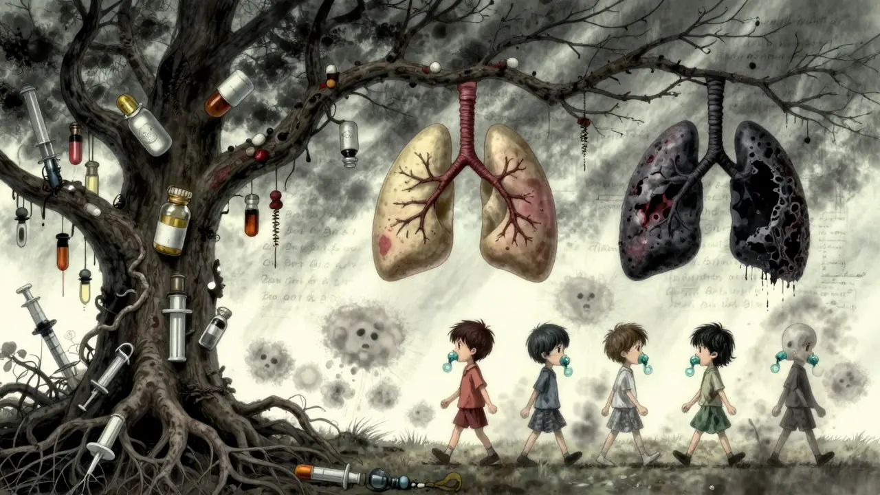 Arbre magique représentant cinq ans de traitement, ses fruits sont des poumons sains et malades.