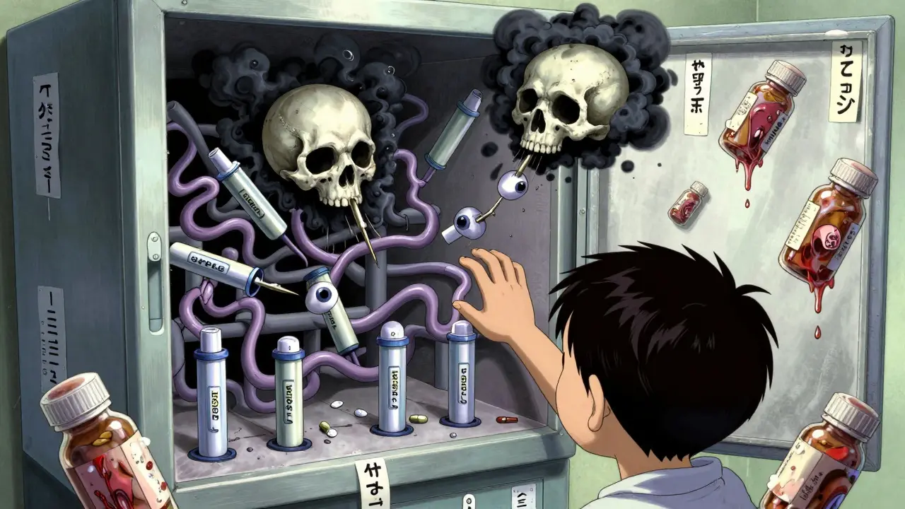 Armoire à médicaments ouverte, révélant des EpiPens vivants aux aiguilles qui tremblent, dans une atmosphère d'horreur.