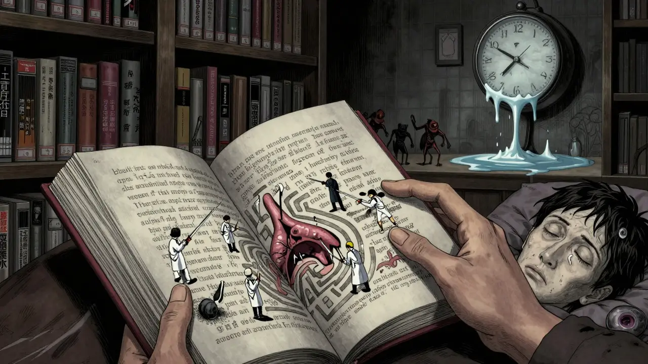 Bibliothèque macabre où des livres de muqueuses combattent des démons inflammatoires dans un style Junji Ito.