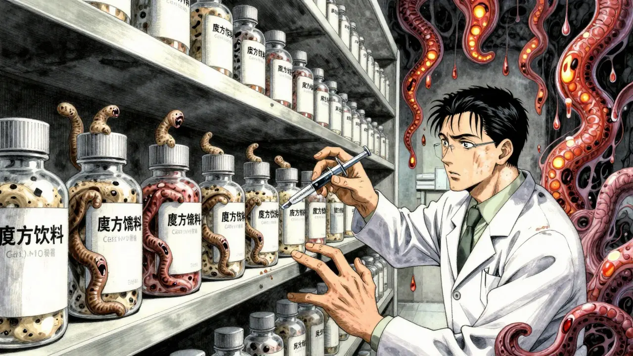 Bouteilles de poudre qui se transforment en vers hurlants, main médicale en seringue.