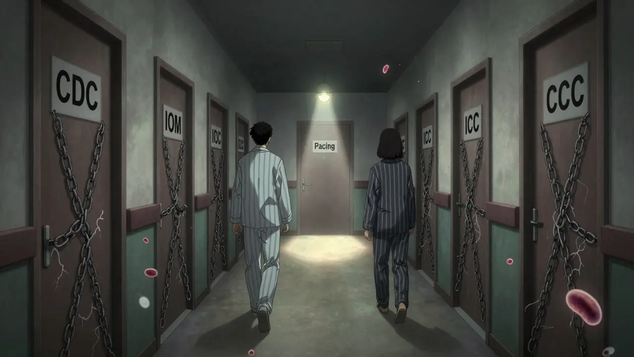 Couloir d'hôpital infini avec des portes étiquetées, une seule lumière faible sur la porte du pacing, des mitochondries flottantes.