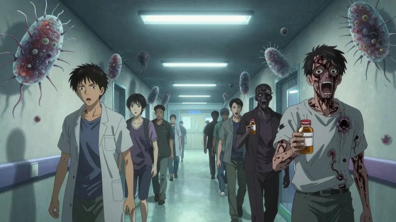 Des patients marchent dans un couloir, leurs visages se décomposant en moisissure noire, des bactéries géantes flottant dans l'air.