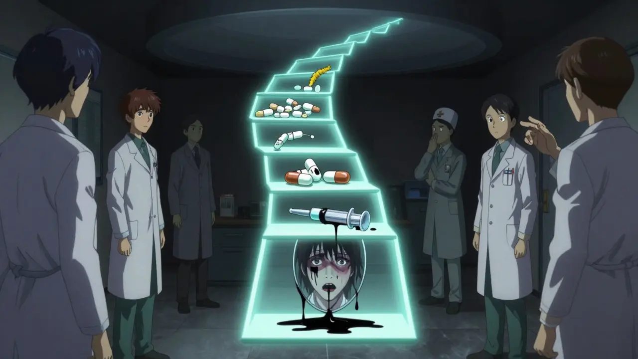 Échelle en trois étapes de la douleur représentée comme un escalier sombre avec des médicaments transformés en créatures horrifiques.