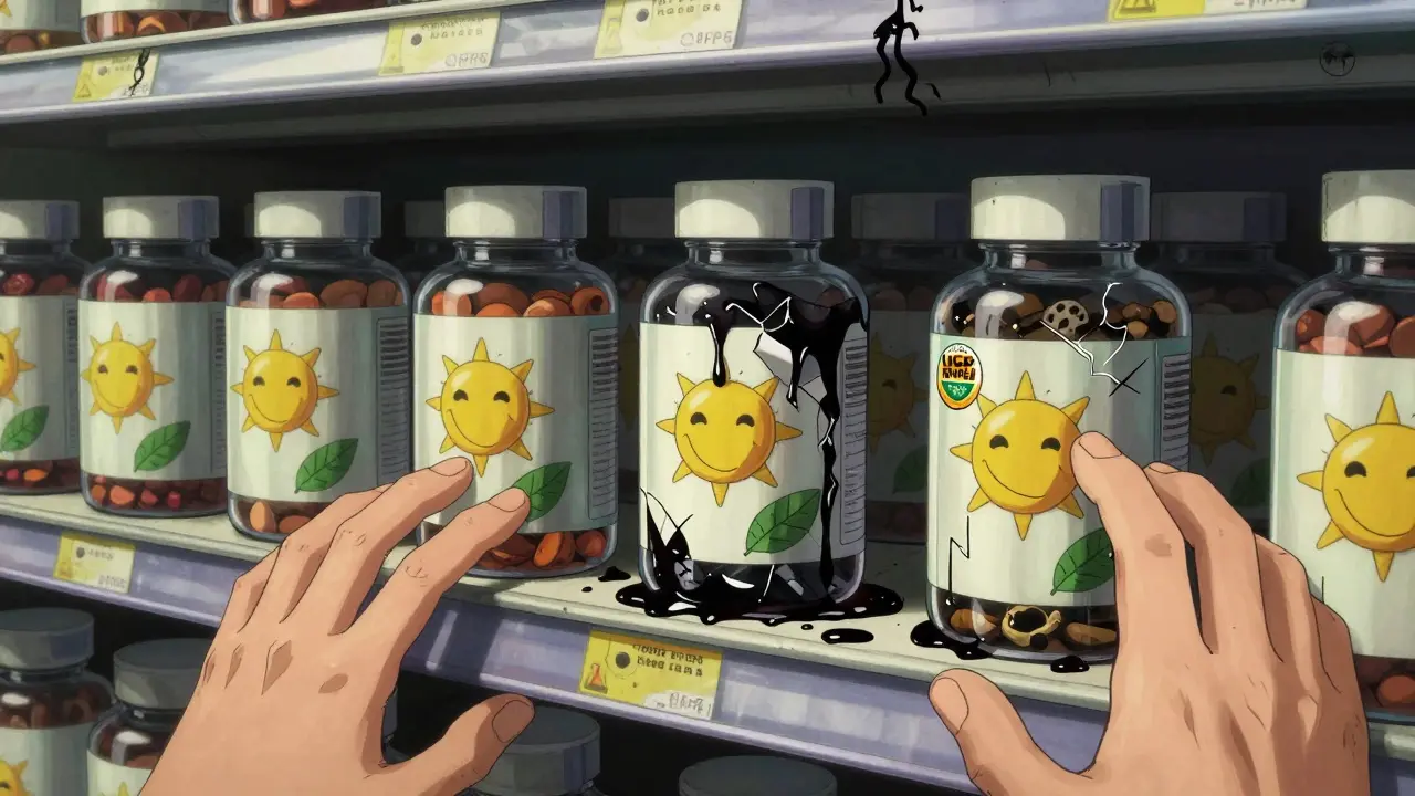 Étagère de compléments de rhodiola dont les bouteilles suintent du noir, les étiquettes souriantes cachent des crânes, des mains sortent du liquide.