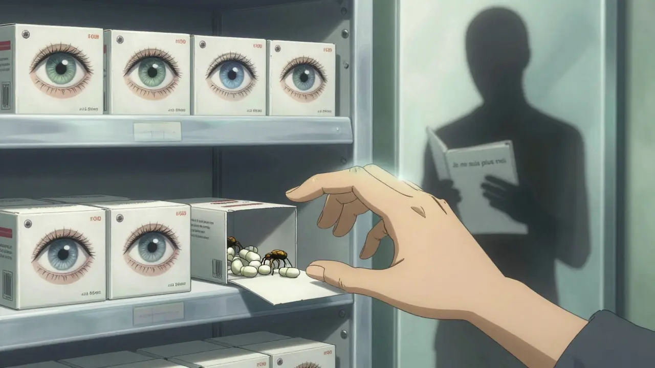 Étagère de médicaments génériques avec des yeux sur chaque boîte, des cachets qui rampent comme des insectes.