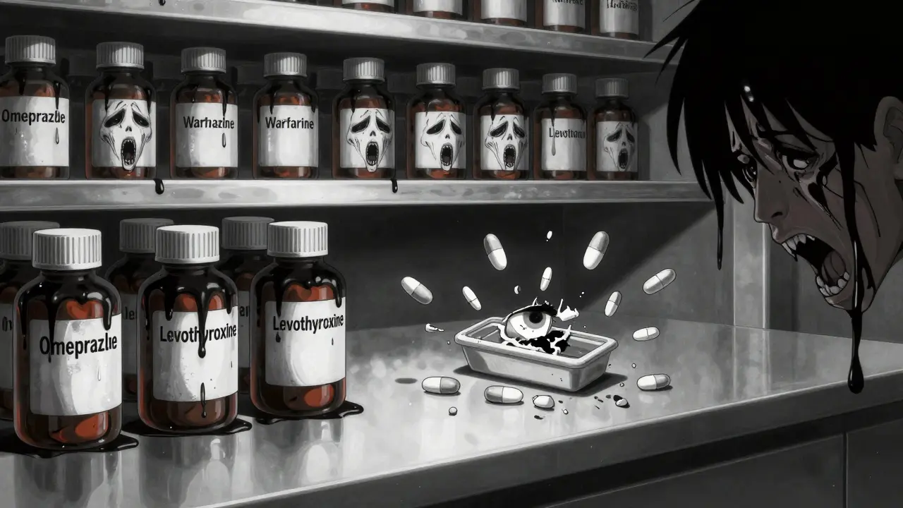 Étagère de pharmacie où les étiquettes de médicaments deviennent des visages hurlants, liquide noir qui coule.