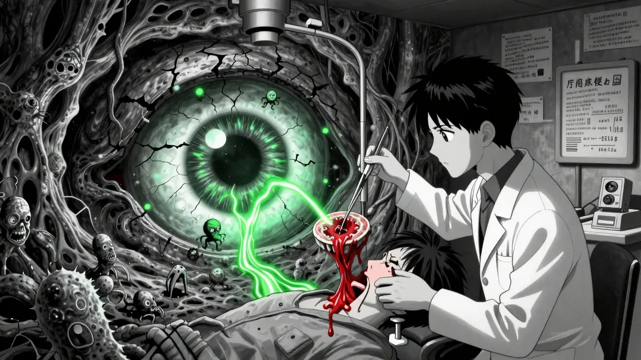 Examen oculaire en gros plan : la cornée déchirée devient un paysage cauchemardesque rempli de créatures.