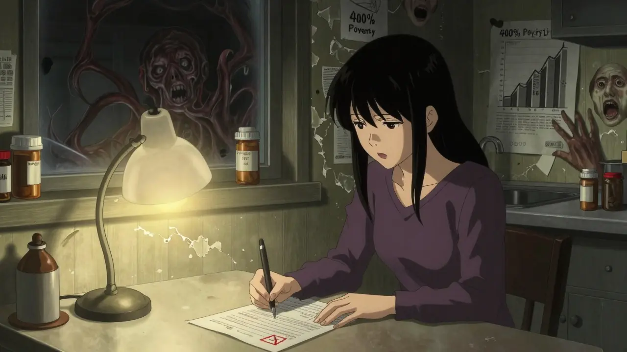 Femme à une table, son reflet montrant une créature faite de médicaments et de factures médicales.