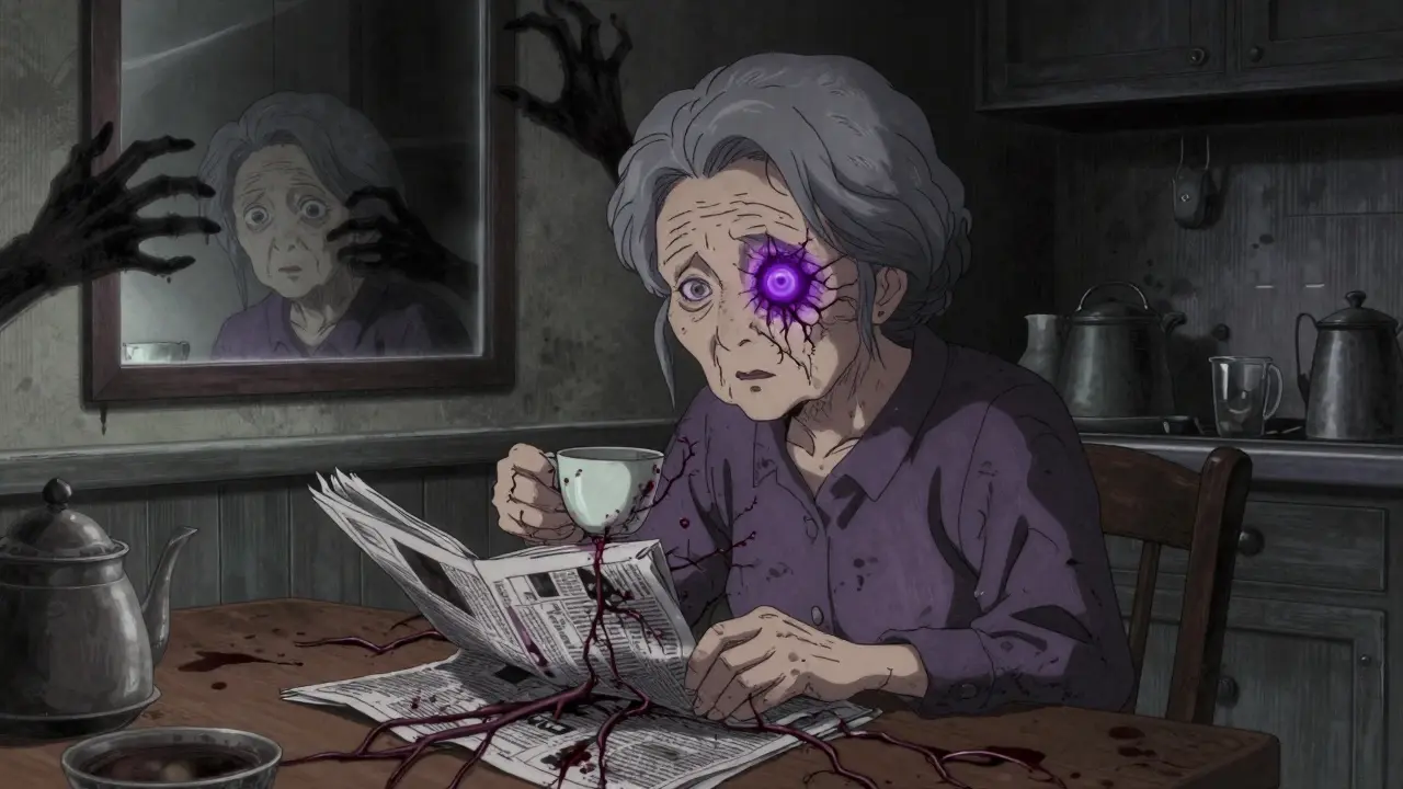 Femme âgée dont un œil émet des vaisseaux sanguins envahissants qui dévorent son environnement.