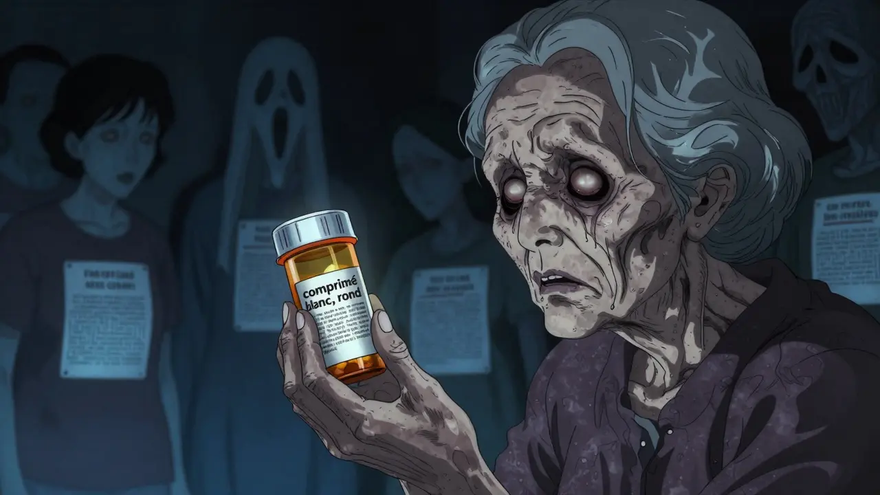 Femme âgée regardant une pilule dont l'étiquette se transforme en visage hurlant, dans un style d'horreur anime.
