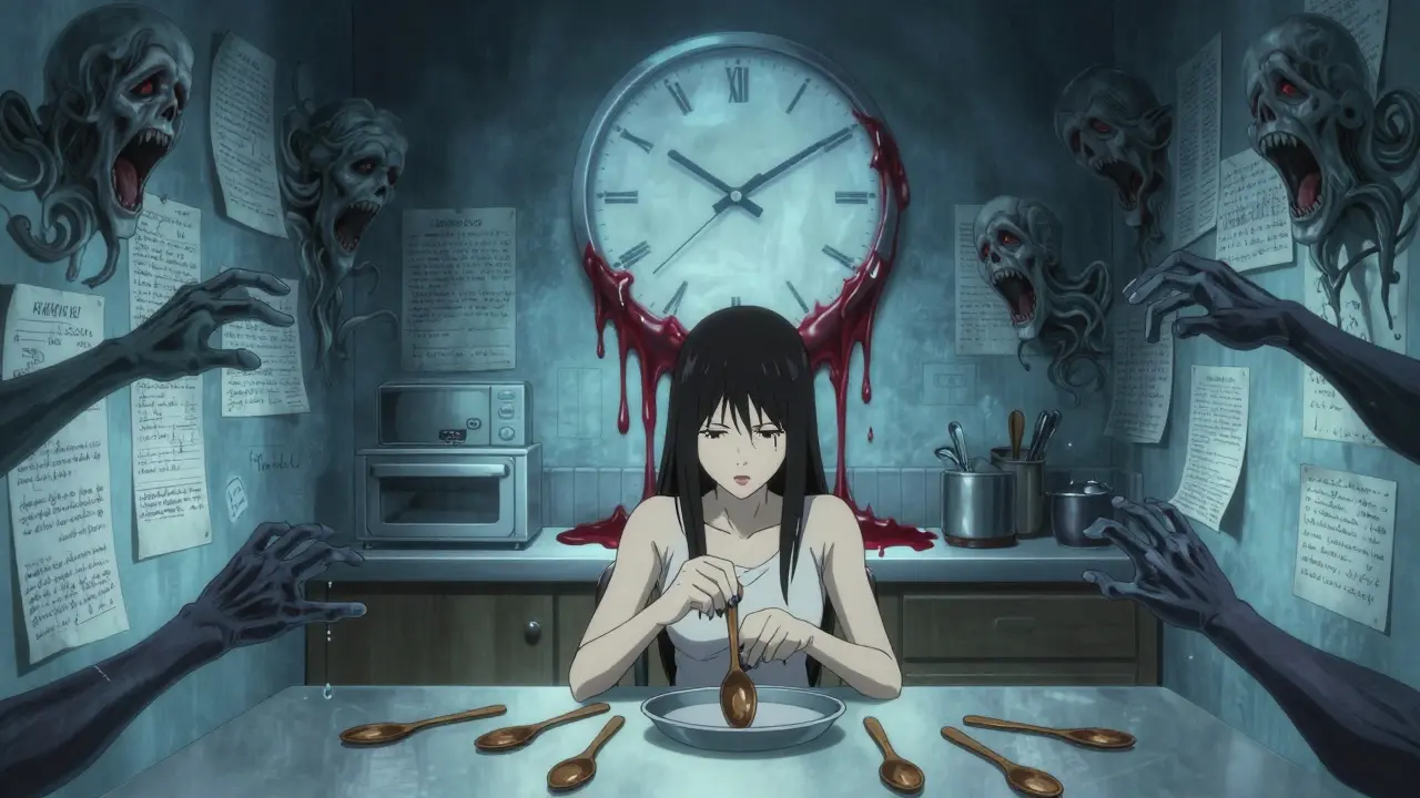 Femme comptant des cuillères énergétiques tandis que des mains fantomatiques les dérobent, un horloge fondante en arrière-plan.