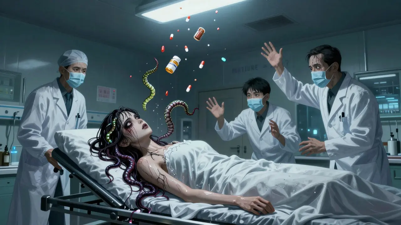 Femme en crise au service d'urgence, convulsant sous des tentacules de sérotonine lumineuse, médecins impuissants, pilules pleuvant du plafond.