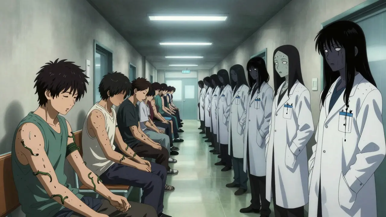 File de patients recevant des injections, leurs bras se transforment en vines d'aiguilles dans un couloir clinique oppressant.