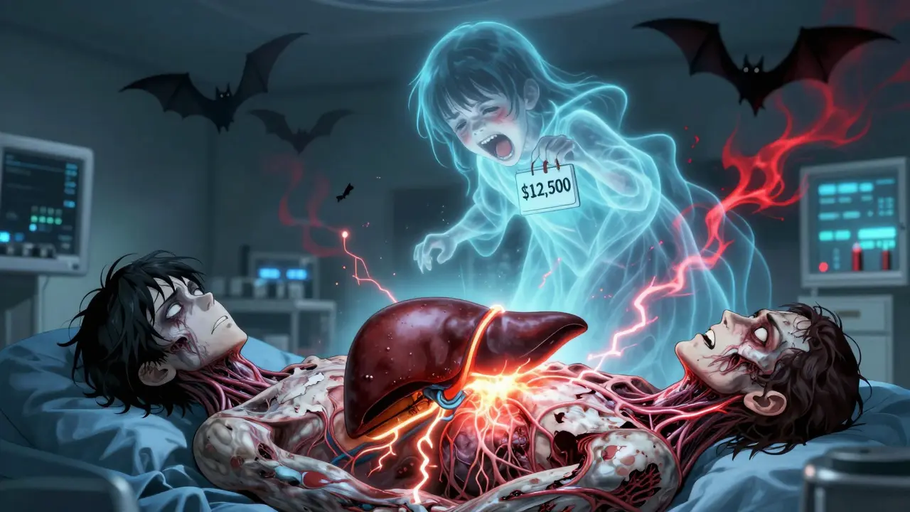 Foie vivant en transplantation, peau qui s'effrite révélant des nerfs électriques.