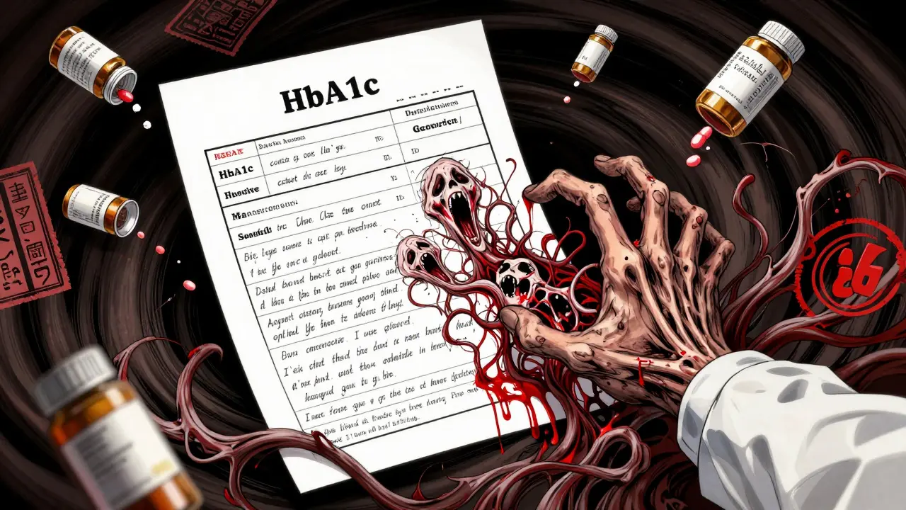 Formulaire médical flottant avec des écritures vivantes qui se transforment en visages hurlants, entouré de pilules échouées.