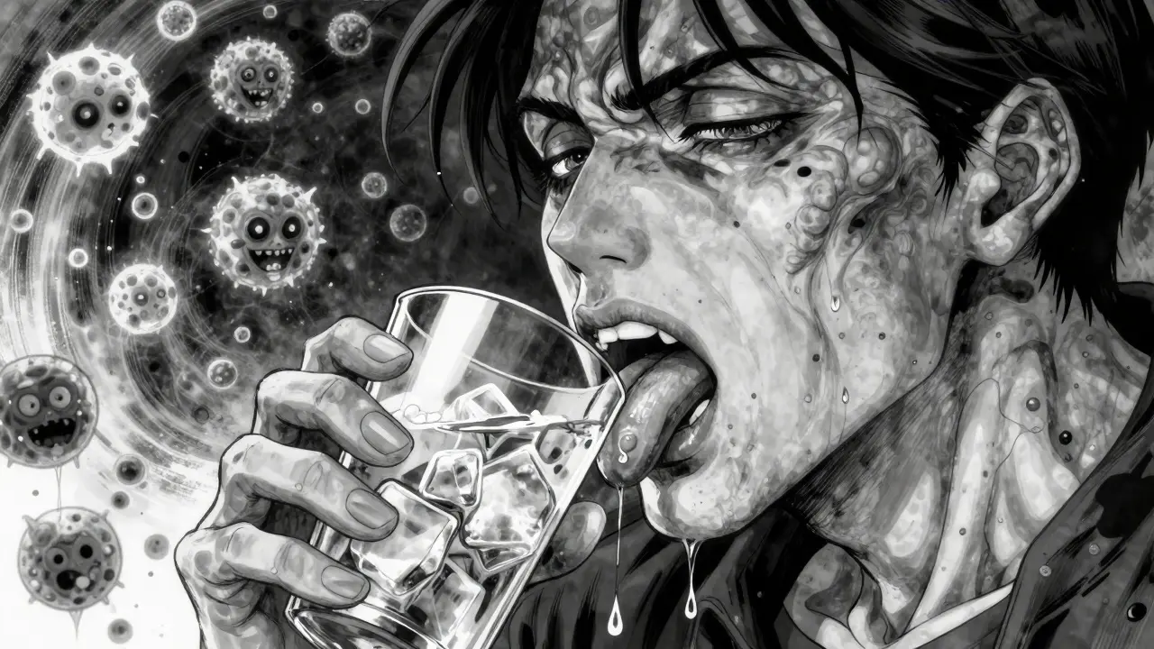 Homme aux lèvres et langue gonflées en forme de masses sinueuses, tenant un verre de glace.