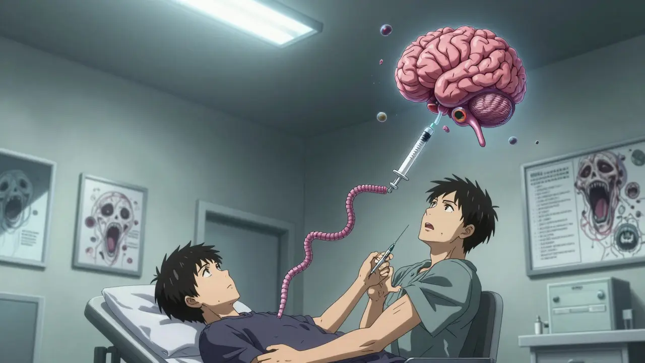 Injection d'immunothérapie dans une salle d'clinique, une aiguille se transforme en serpent allergène.