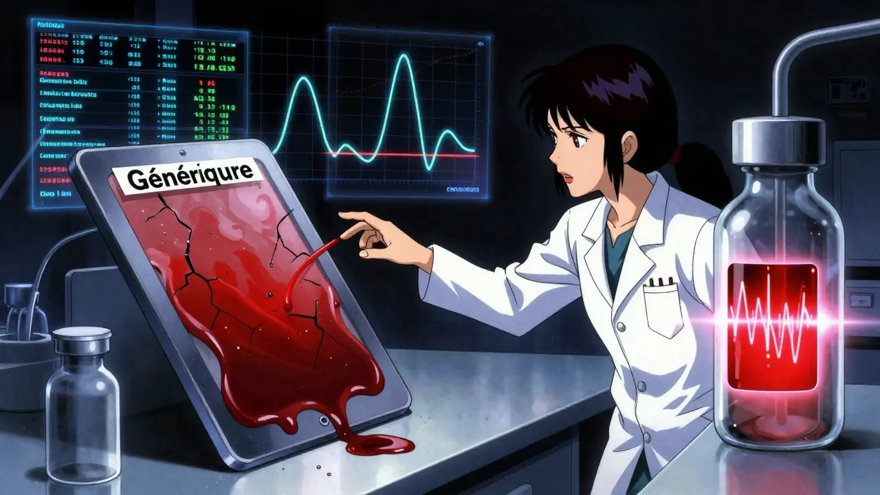 Laboratoire d'analyse transformé en cauchemar, avec un comprimé générique qui fuit lentement et un médicament d'origine qui pulse.