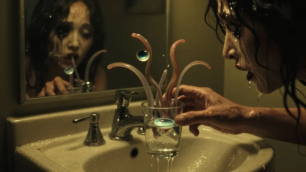 Lentilles de contact flottant dans de l'eau du robinet, des tentacules se déployant depuis la surface.