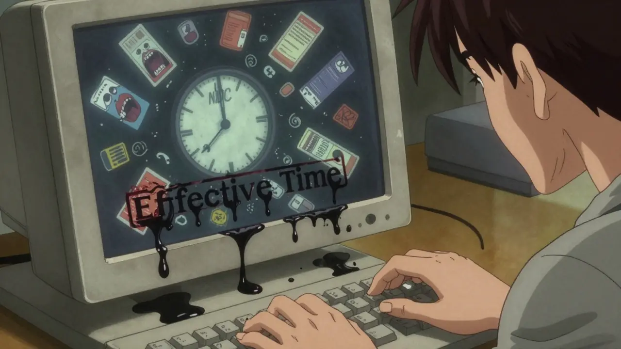 Main tenant un code NDC, avec des étiquettes de médicaments hurlantes reflétées sur un écran d'ordinateur.