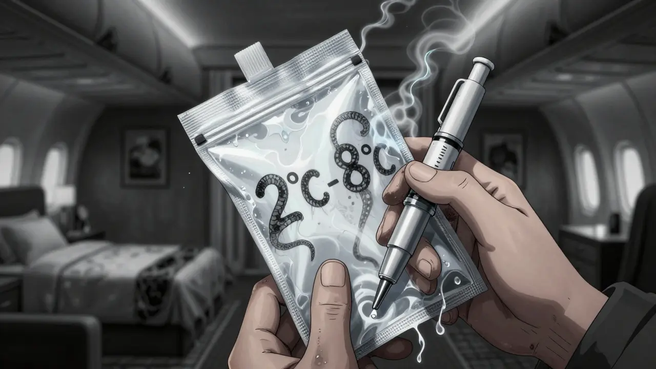 Main tenant un stylo d'insuline dans un sac réfrigérant, une brume glacée se transforme en serpents.