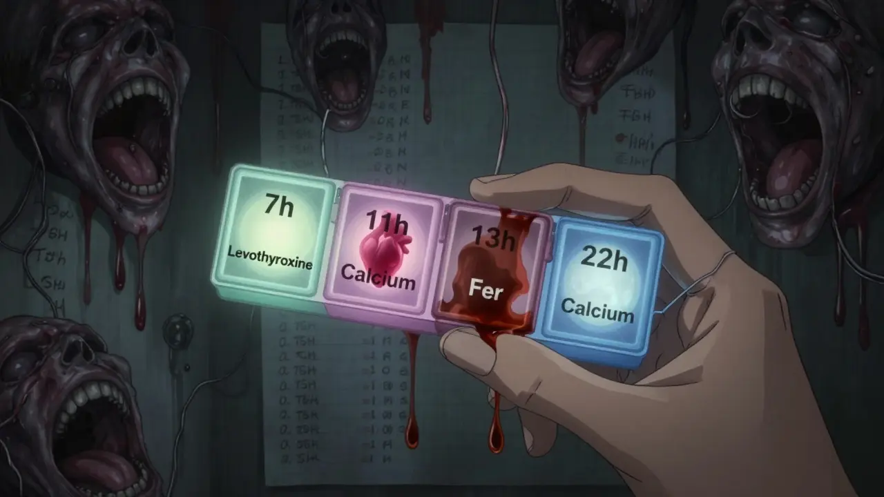 Organisateur de pilules avec des compartiments horaires, des étiquettes qui se transforment en bouches hurlantes.