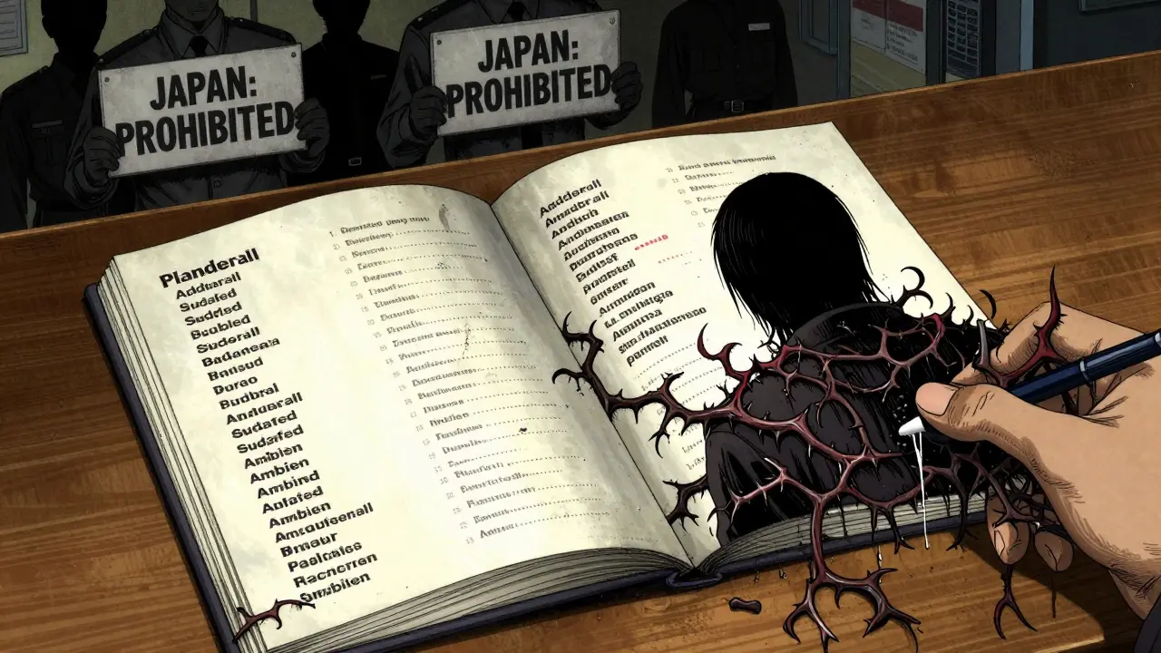 Passeport dont les pages deviennent des plantes épineuses portant les noms de médicaments interdits.