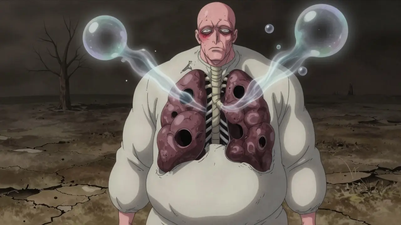 Patient atteint d'emphysème, thorax en tonneau, poumons détruits en bulles vides, peau rose et respiration difficile.