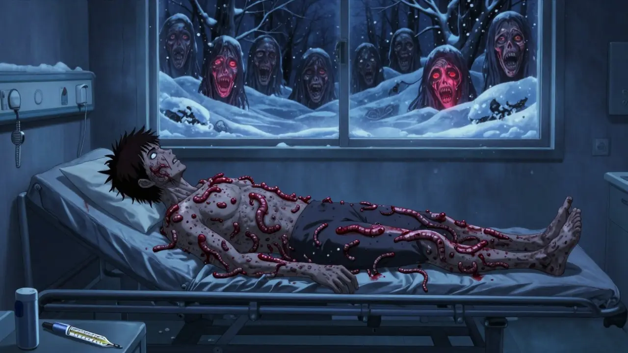 Patient dans un hôpital avec des urticaires qui rampent sur la peau, un auto-injecteur à terre et des flocons de neige qui hurlent.