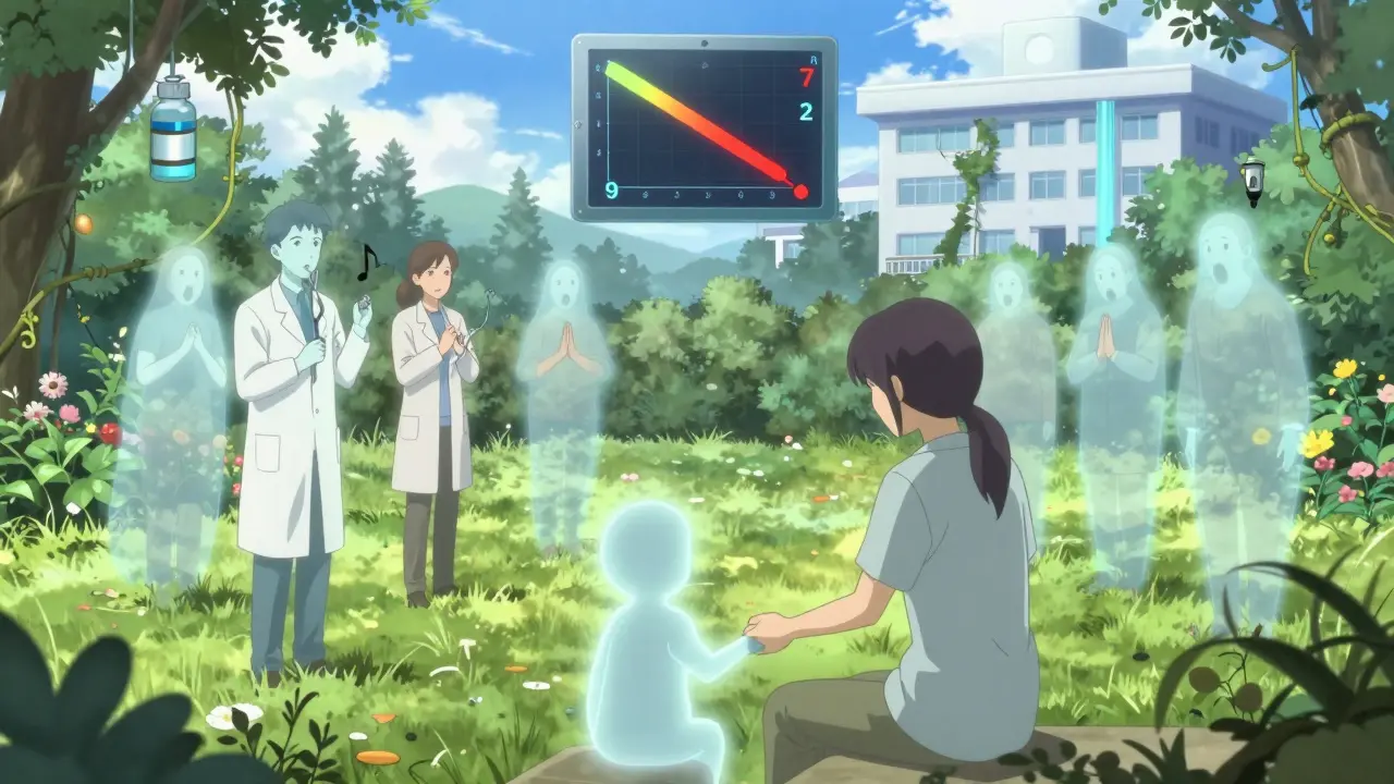 Patient dans un jardin, entouré de figures fantomatiques de soignants, avec un tableau de douleur en baisse au-dessus de lui.