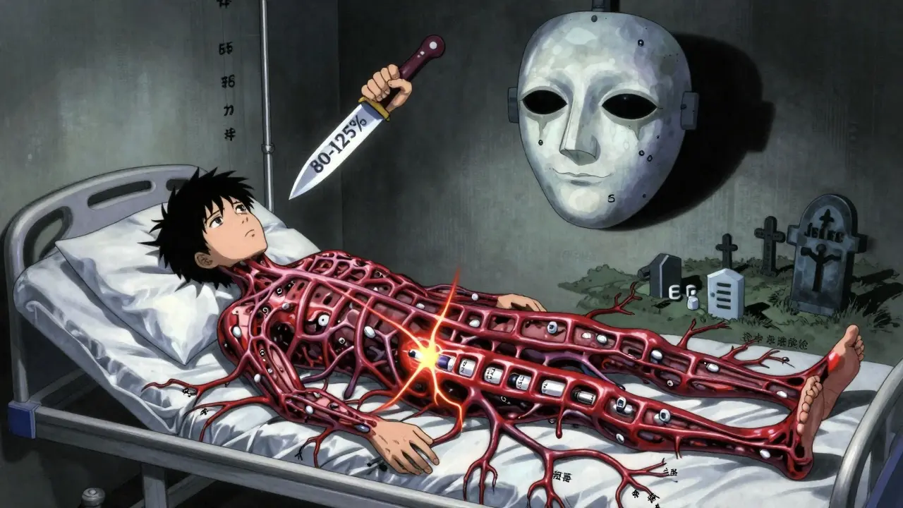 Patient dont le corps se désintègre en vaisseaux sanguins, contrastant les profils d'absorption d'un générique et du médicament d'origine.