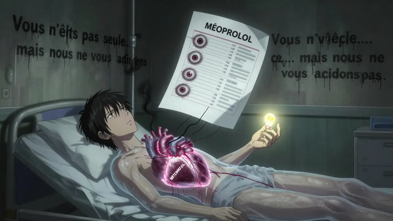Patient sur un lit d'hôpital, cœur fracturé relié à un document d'assurance monstrueux, une pilule d'urgence flottant près de la main.