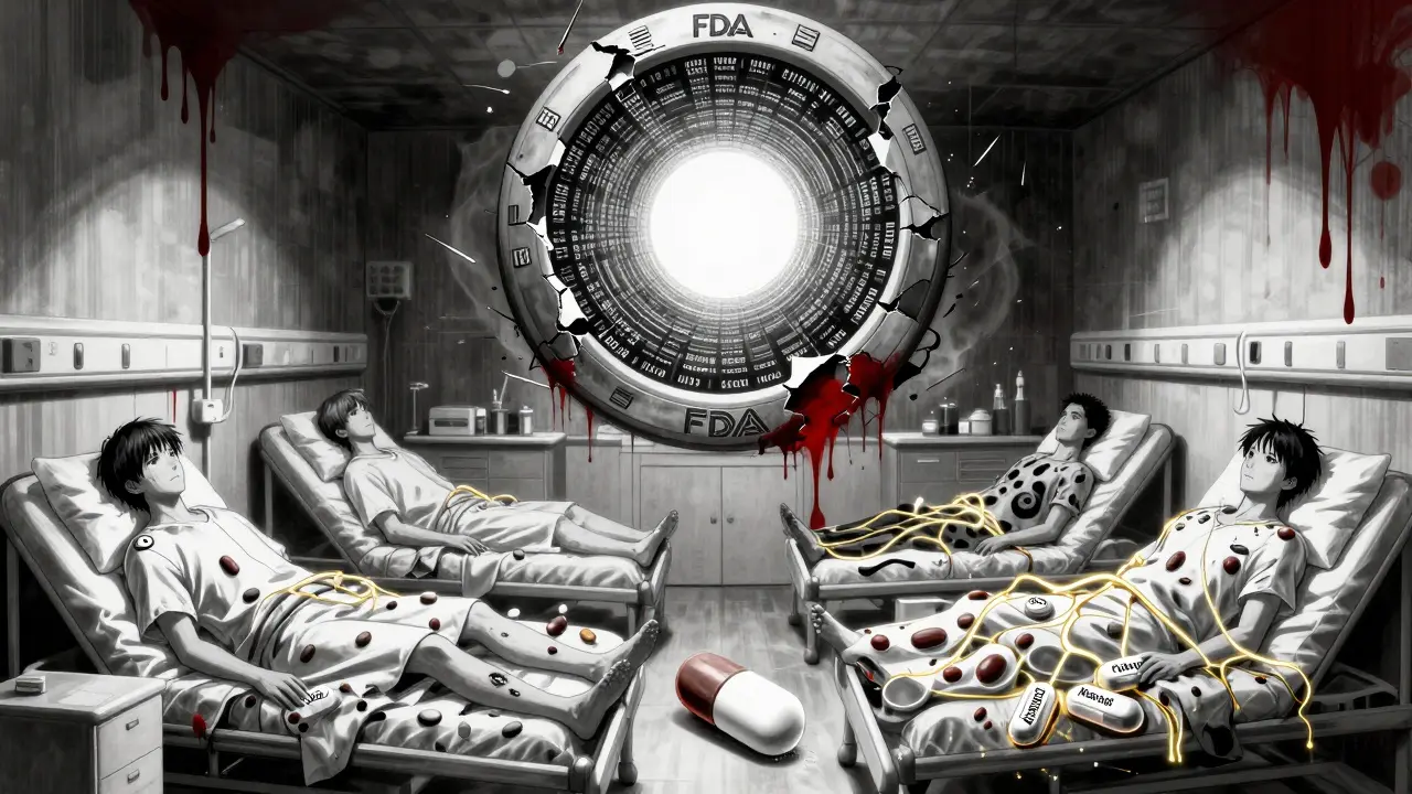 Patients dans un hôpital dont les corps se transforment en fragments de pilules, reliés par des fils dorés sous un sceau FDA déchiré.