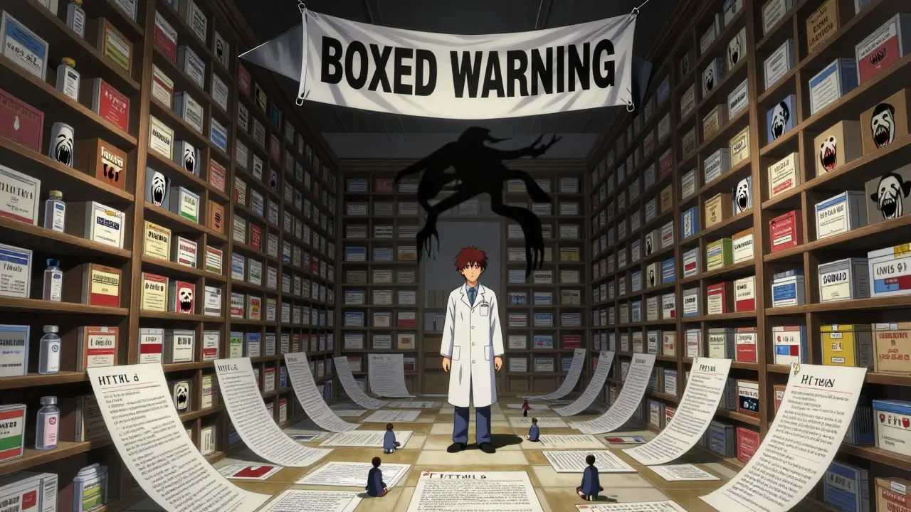 Pharmacien dans une bibliothèque infinie de boîtes de médicaments aux visages hurlants, sous une mise en garde géante.