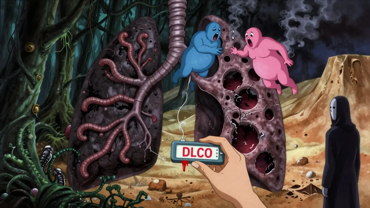 Scanneur des poumons en horreur Junji Ito : bronches encombrées d'un côté, alvéoles détruites de l'autre.