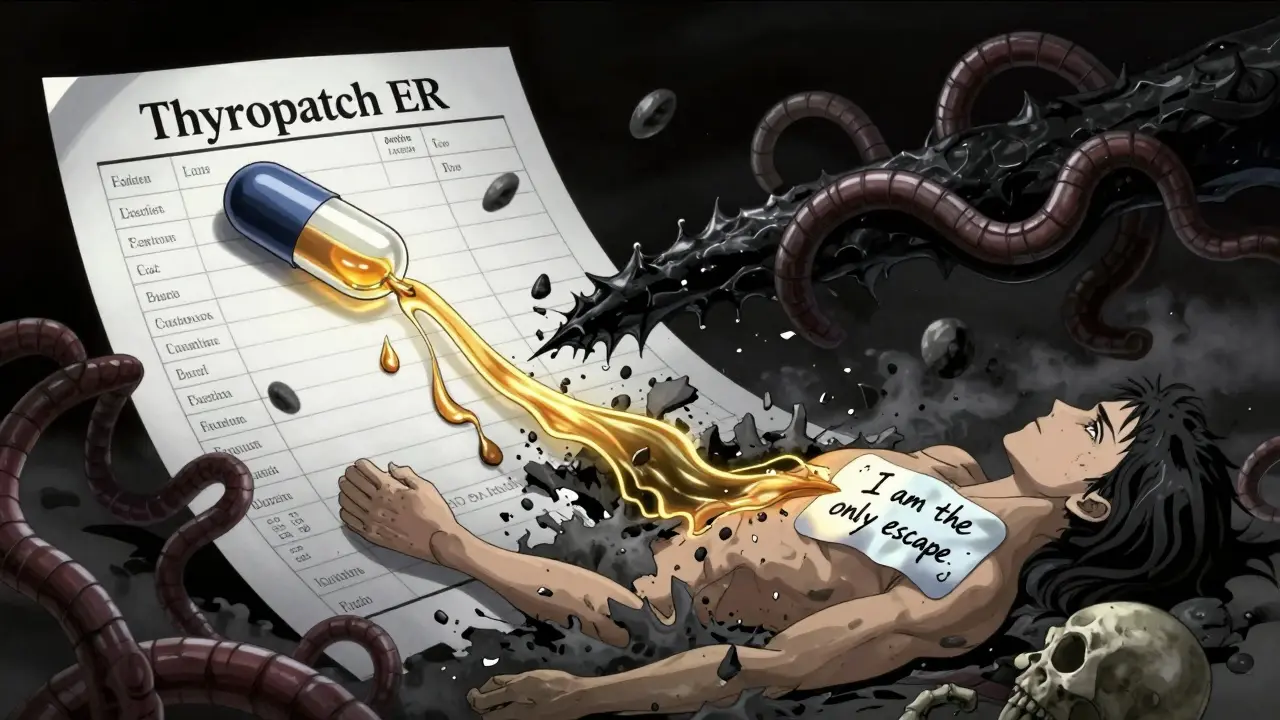 Schéma médical transformé en créature vivante, un flux d'hormone sectionné par un blocage noir et une patch qui s'arrache de la peau.